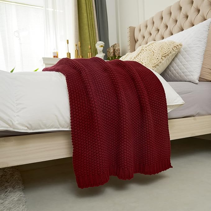 Chunky Cable Knit Throw Blanket Lightweight Burgundy 100% Organic Cotton Blanket for Sofa Couch Bed Baby Nursery, Rustic Shabby Chic Modern Farmhouse, 51” x 63” Give Laundering Bag