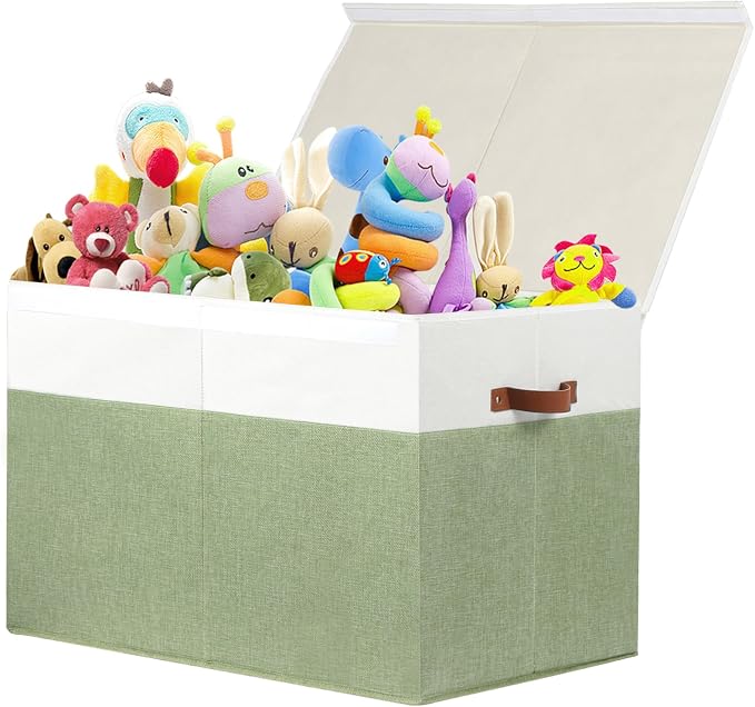 Large Toy Storage Box with Lid, Toy Chest Bin Boxes Basket with Dividers | Sturdy Toy Organizer Bin for Kids, Boys, Girls, Nursery, Living Room, Bedroom, Playroom 26"x17" x17" (Green and White)