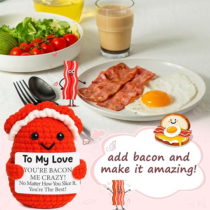 Mini Anniversary I Love You Gifts for Men Women Husband Boyfriend Girlfriend Wife to My Love Handmade Crochet Bacon for Birthday Valentines Wedding Anniversary for Him Her Couples