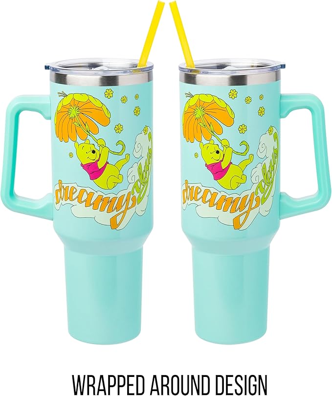 Silver Buffalo Disney Winnie the Pooh “Dreamy Days” Retro Art Stainless Steel Tumbler with Handle and Straw, Fits in Standard Cup Holder, 40 Ounces (Pack of 12)
