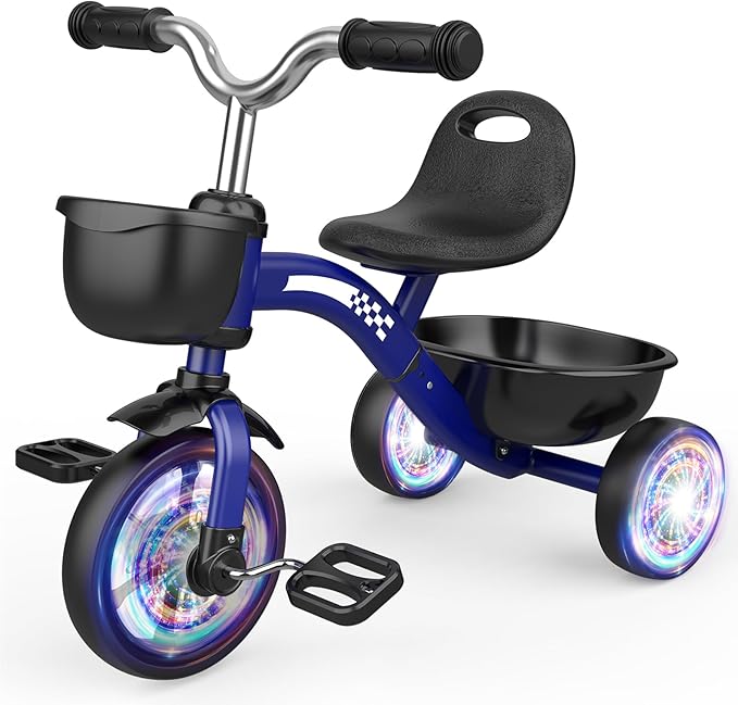 Toddler Tricycle for 1-3 3-4 Year Olds, Toddler Baby Bike, 2 3 4 Year Old Boys Girls Birthday Gifts, Outdoor Riding Toys for Ages 2-4, 3-Level Adjustable Seat, 3 Color Light Wheels, 2 Baskets