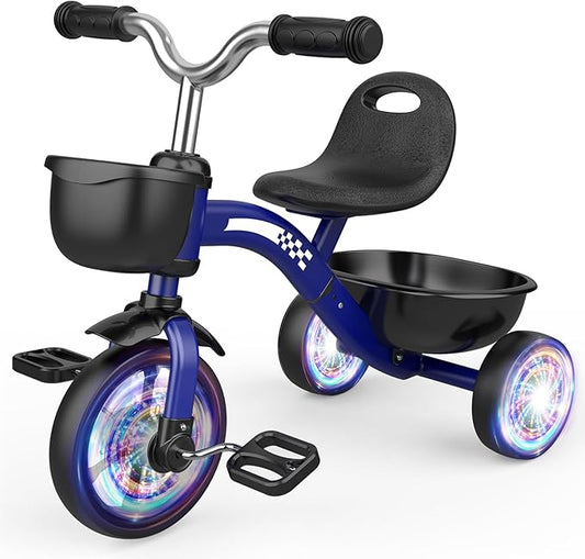 Toddler Tricycle for 1-3 3-4 Year Olds, Toddler Baby Bike, 2 3 4 Year Old Boys Girls Birthday Gifts, Outdoor Riding Toys for Ages 2-4, 3-Level Adjustable Seat, 3 Color Light Wheels, 2 Baskets
