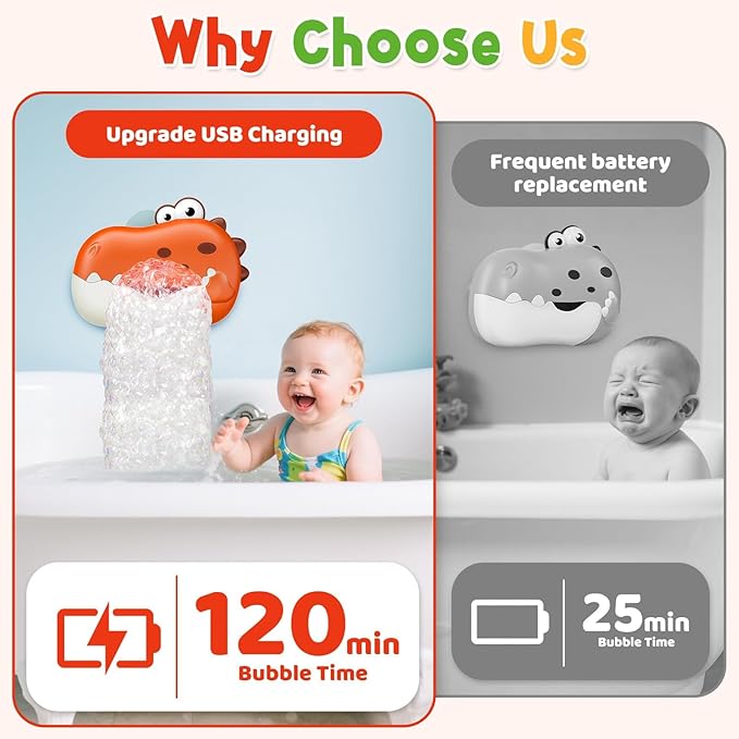 Baby Bath Toys, Rechargeable Dinosaur Bath Bubble Machine with Music, Bathtime Bathtub Toys for Toddlers Birthday Valentines Gifts, Bubble Maker Toys for Kids Ages 1-3 4-8 Baby Gifts (Red)