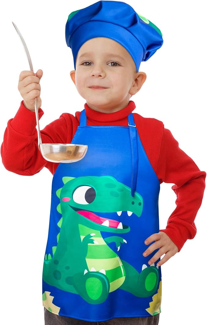 R HORSE 2 Pcs Kids Aprons Chef Hat Sets Adjustable Blue Cute Dinosaur Kitchen Aprons Cooking Baking Painting and Training Kits Dress up Role Play Chef Toy Kid Funny Cooking Gift New Year(3-5 Years)