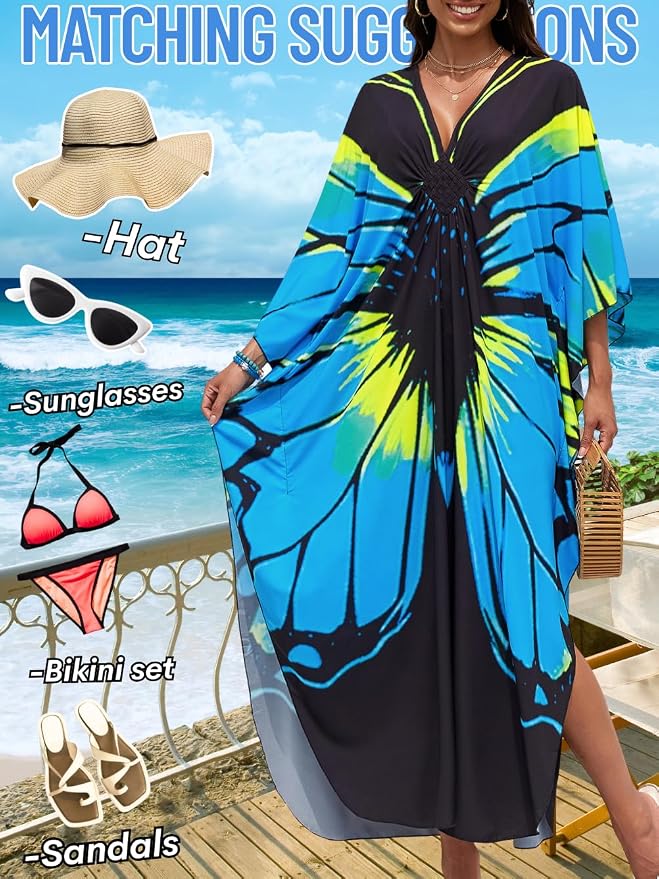 ChiaoLezhee Print Moo-Moos for Women, Kaftan Cover-Up Dresses, Sexy V-Neck High-Slit, Beach Pool-Party Coverups Muumuu Plus