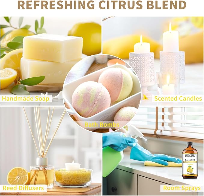 EUQEE Lemon Essential Oil with Glass Dropper, Great for Aromatherapy, DIY Soap, Humidifier, Candle Making(4Fl oz/118mL)