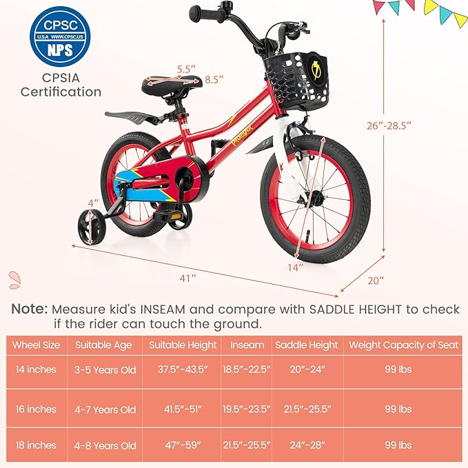 BABY JOY Kids Bike, 12 14 16 18 20 Inch Children Bikes for Boys Girls Teens 3-8 8+ Years w/Training Wheels or Kickstand, Handbrake, Coaster Brake & Removable Basket, Kids Bicycle of Multiple Colors