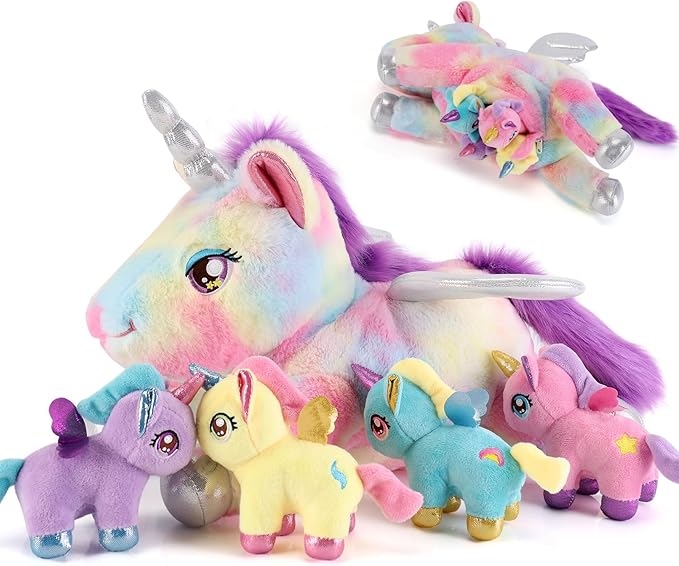 5 Pieces Unicorn Stuffed Animals - 1 Mommy Stuffed Unicorn with 4 Babies - Unicorns Gifts for Girls Ages 3-8, Unicorns Plush Toys for Christmas, Valentine's, Birthday Gifts (Rainbow)