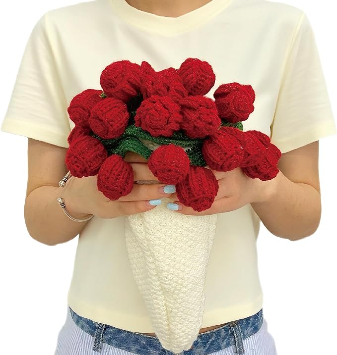 Crochet Flowers Bouquet Blanket, Handmade Rose Blankets, 24Inch Round Floral Soft Romantic Gifts for Kids Birthday, Mother's Day, Valentine's Day, Home Decor, Bed, Sofa