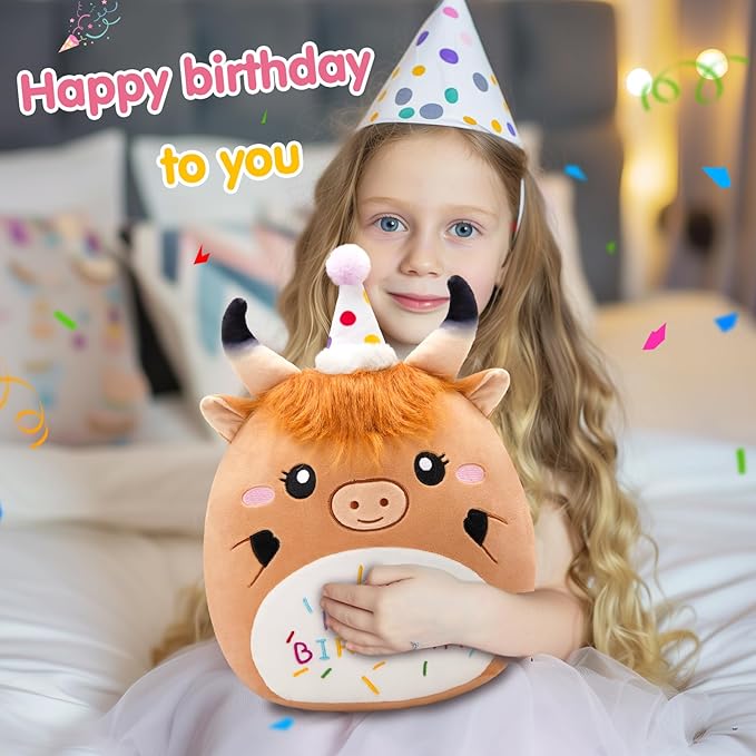 12'' Birthday Highland Cow Plush Pillow, Cute Scottish Highland Cow Stuffed Animal, Happy Birthday Plush Toy Party Decor Gifts for Kids Boys Girls