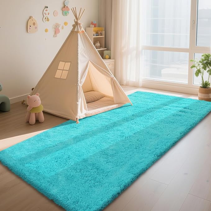 Teal Blue Rug Fluffy Rugs, 3x5 Teal Area Rugs for Bedroom, Soft Play Mat, Indoor Floor Carpet for Teen, Preppy Dorm, Plush Aesthetic Bedside Rug