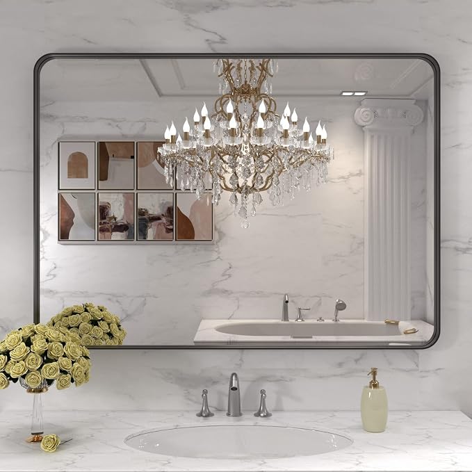 LOAAO 40X30 Inch Black Bathroom Mirror Metal Framed | Matte Black, Rounded Rectangle, Anti-Rust, Tempered Glass, Hangs Horizontally or Vertically