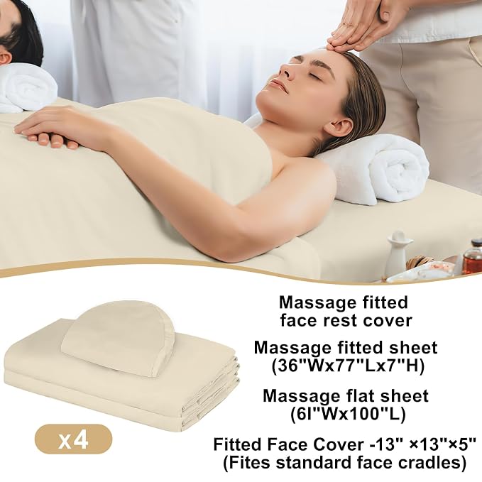 4 Sets Premium Microfiber Massage Table Sheets Set 3 Piece Set Includes Massage Table Cover Fitted Sheet and Fitted Face Rest Cover, Beige