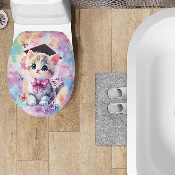 Tie Dye Toilet Seat Covers with Elastic Band for Bathroom Tie Dye Cat Toilet Tank Dust Cover Soft Bathroom Replacement Universal Fit Elongated Oval Round Lid,Easy to Clean