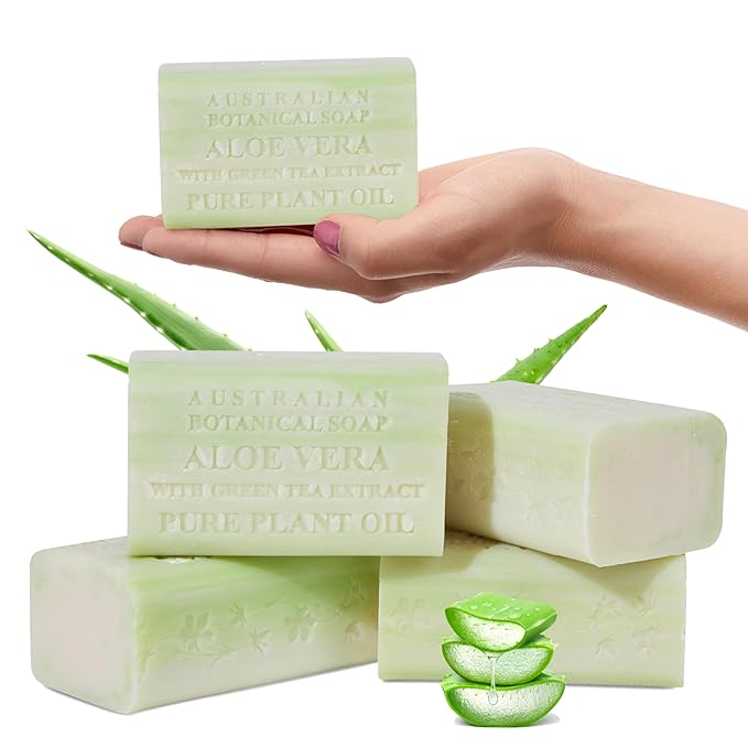 Australian Botanical Soap Aloe Vera with Green Tea Extract – Triple Milled 6.6 oz Bar Soap with Shea Butter, Face Hand & Body Bars, 4 Pack