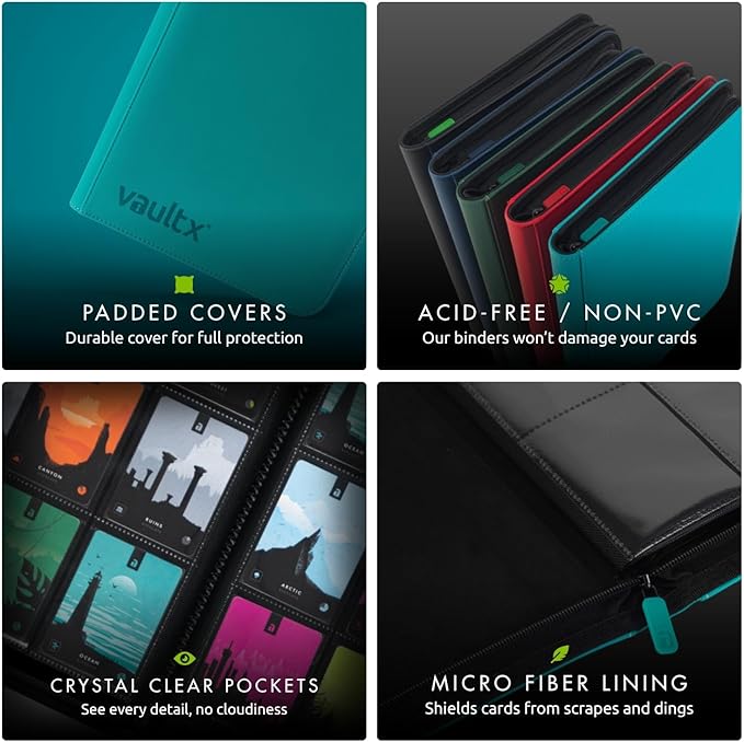Vault X 12 Pocket Zip Binder, 480 Cards, Exo-Tec Material, 20 Side-Loading Pages (Teal)
