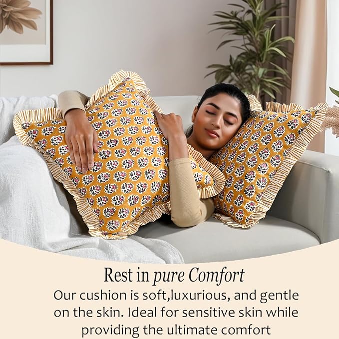 CPC Yellow Citrine Ruffle Throw Pillow Covers for Couch, 20x20 Inch Cotton Stripe Ruffle Couch Pillows for Living Room, Hidden 16 Inch Zipper Boho Pillow Case or Cute Outdoor Ruffle Pillows