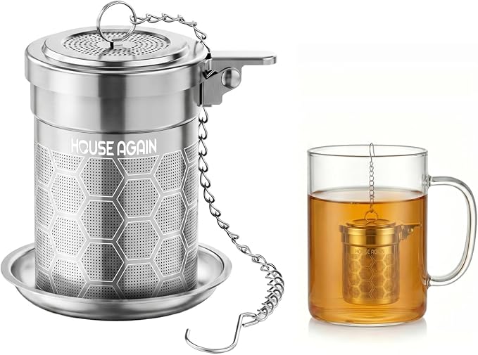House Again Tea Infuser, 304 Stainless Steel Extra Fine Mesh Tea Strainer for Loose Tea, Upgraded Press-to-Open Lid, Loose Leaf Tea Steeper for Spices & Seasonings