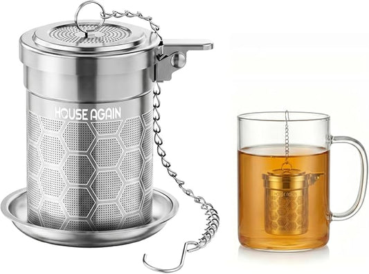 House Again Tea Infuser, 304 Stainless Steel Extra Fine Mesh Tea Strainer for Loose Tea, Upgraded Press-to-Open Lid, Loose Leaf Tea Steeper for Spices & Seasonings