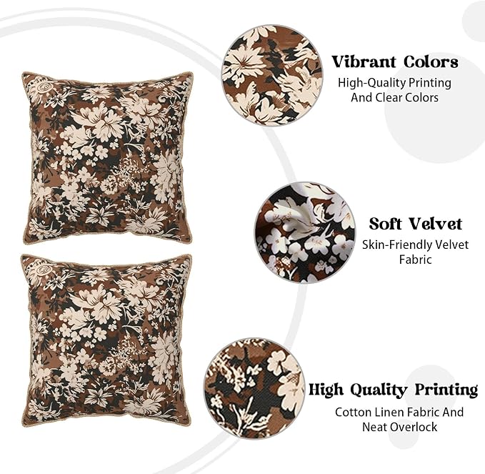 Vintage Brown Cream Floral Velvet Pillow Covers 16x16 Inch Tapestry Neutral Flowers Throw Pillows for Couch Cushion Covers Pillowcase Boho Farmhouse Pillow Cases for Sofa Bed Bedroom