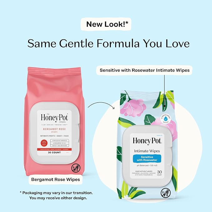 Honey Pot - Feminine Wash & Wipes - Sensitive w/Rosewater Bundle - Herbal Infused - Sensitive Skin Types - pH Balanced Plant Based Hygiene Products