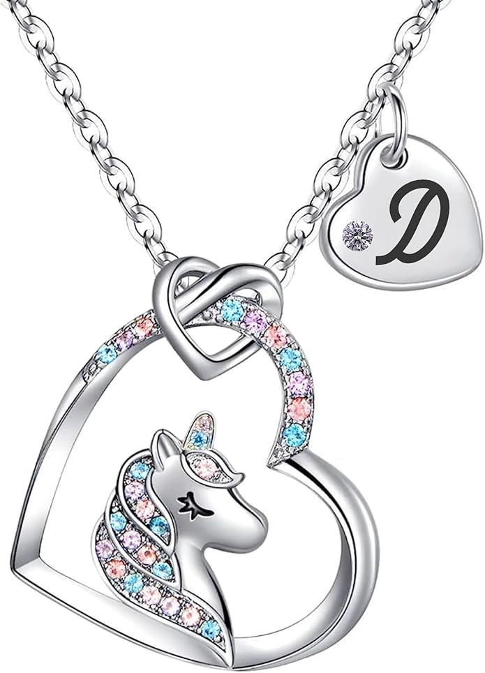 Valentines Day Gifts for Kids Girls - Unicorn Necklace for Girls with Initial Heart Pendant & Gift Box, 18K Gold Fashion Kids Jewelry, Colorful Heart Necklace for Birthdays & Costume Parties.