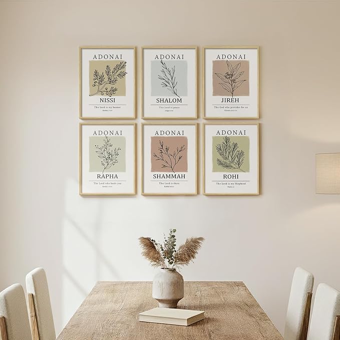 Framed Christian Bible Verse Neutral Wall Art, Minimalist Scripture Religious Canvas Prints, Faith Names of God Boho Botanical Leaf Artwork for Bedroom Living Room Office Hallway Wall Decor, 11x14 In
