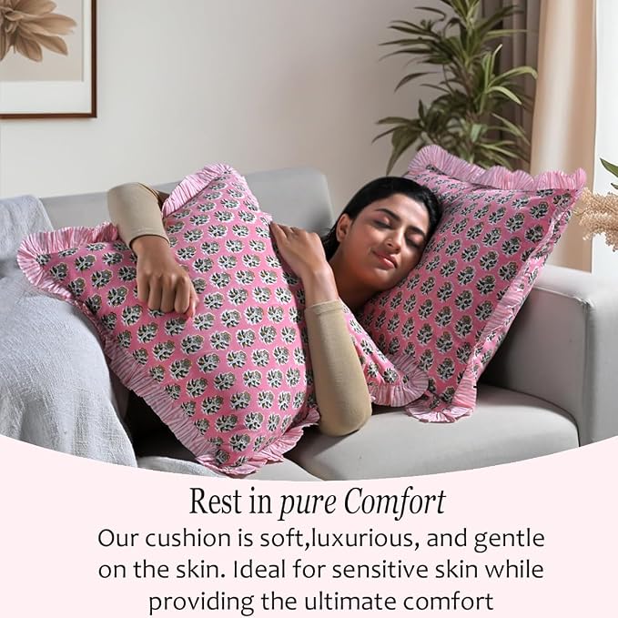 CPC Poppy Pink Ruffle Throw Pillow Covers for Couch, 20x20 Inch Cotton Stripe Ruffle Couch Pillows for Living Room, Hidden 16 Inch Zipper Boho Pillow Case or Cute Outdoor Pillows