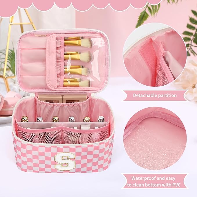 OCHEAL Makeup Bag Valentines Day Gifts for Women, Monogram Cosmetic Bag Pink Travel Makeup Case Beauty Toiletry Bag Organizer Personalized Gifts for Girls Bridesmaid, Sister, Wife, Friends Initial S