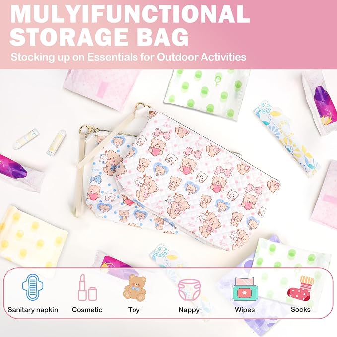 Period Bag for Teen Girls, Quilted Sanitary Napkin Storage Bag, Cute Bears Menstrual Pad Pouch Tampon Holder (Large-Blue)