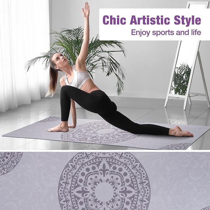 MoKo Yoga Towel, Non Slip Hot Yoga Mat Yoga Blanket Printing Pattern Quick Dry with Corner Pocket for Bikram, Pilates, Gym Workout, Outdoor Picnic, Gray