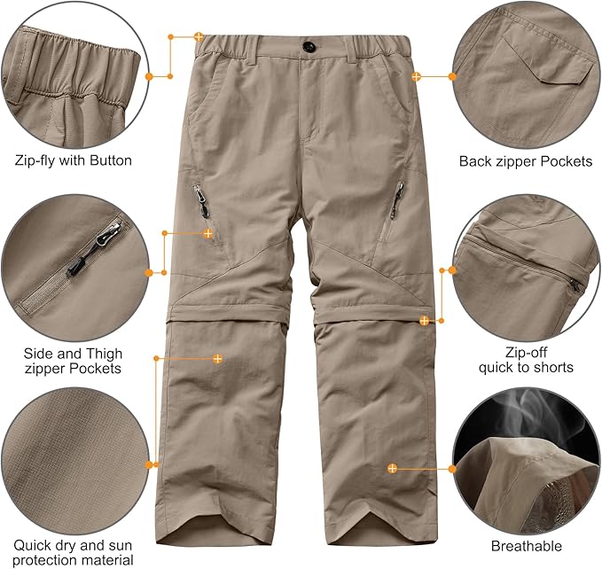 linlon Kids' Cargo Pants, Boy's Casual Outdoor Quick Dry Waterproof Hiking Climbing Convertible Trousers #9016