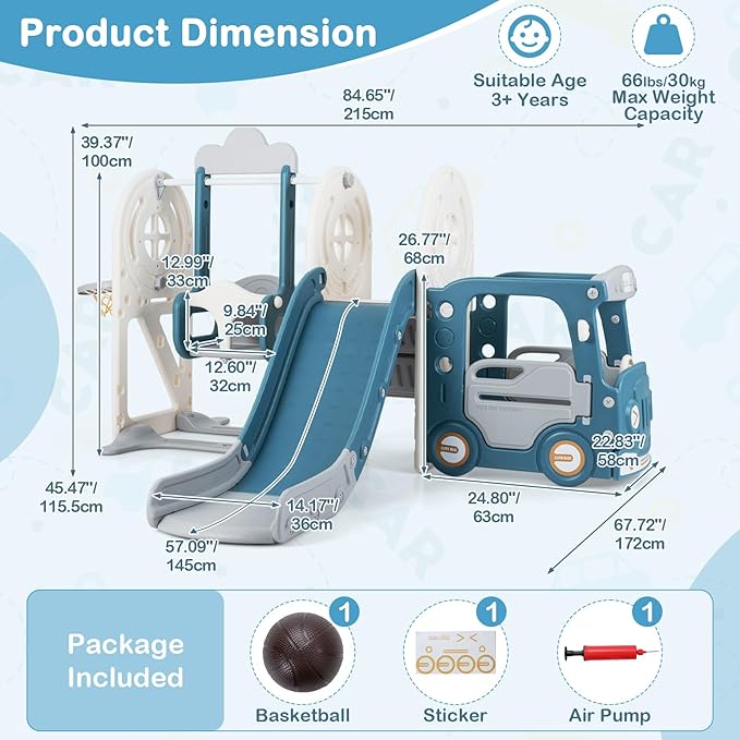 OLAKIDS Toddler Slide and Swing Set, 5 in 1 Bus Themed Baby Slide with Climber Basketball Hoop Car Playhouse for Indoor Outdoor Boys Girls Aged 3+ (Blue)