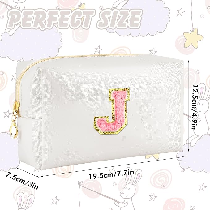 URSKYTOUS Initial Makeup Bag Personalized Preppy Travel Small Cosmetic Bag Cute PU White Chenille Letter Makeup Pouch for Purse Waterproof Zippered Toiletry Organizer for Women Girls Kids Friends (J)