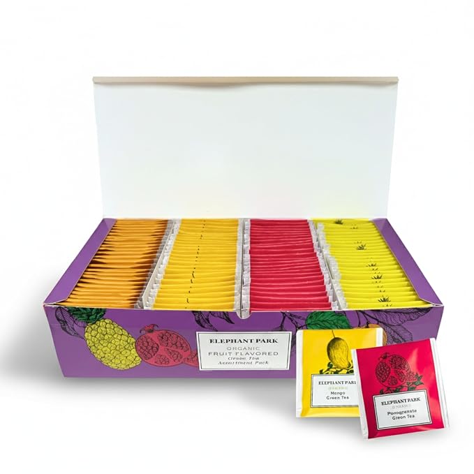 Elephant Park Premium Organic Fruit Green Tea Sampler, 100 Count Assorted Tea Bags, Caffeinated & Herbal Variety Pack Pineapple, Pomegranate, Mango, Peach Flavors