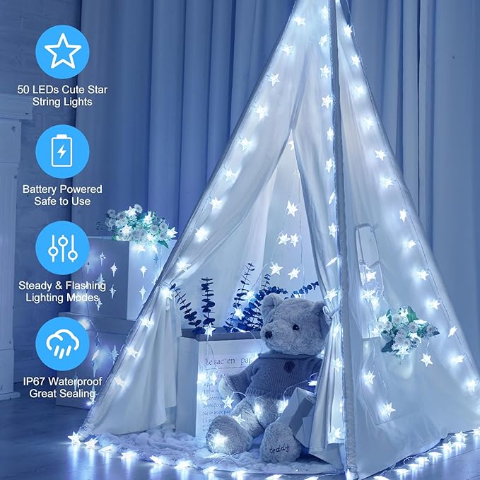 Minetom Star String Lights Battery Operated - 17 ft 50 LED Star Fairy String Lights with Timer, Waterproof for Indoor Bedroom Tent Loft Bed Patio Party Wedding Decor, White