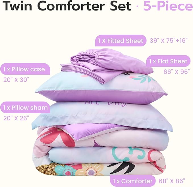 Joiedomi Kid Twin Comforter Set 5 Piece Unicorn Bedding Set for Boys Girls Super Soft Microfiber Bed in a Bag with Comforter Sheets Pillowcase Sham
