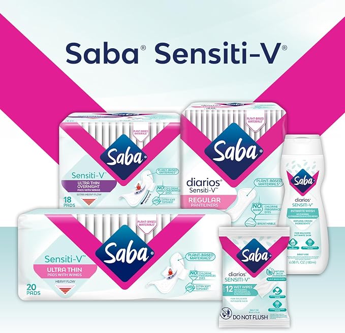 Saba Sensiti-V Ultra Thin Overnight Sanitary Napkin Pads with Wings, 4-Pack of 18 Pads (72 Count)