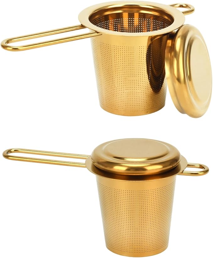 2pcs Tea Diffuser, Stainless Steel Tea Strainer Fine Mesh Tea Infuser with Double Long Handles Loose Leaf Tea Steeper for Mugs Cups Teapots (Gold)