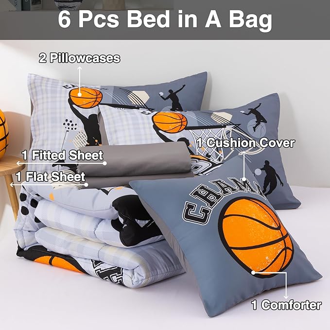 A Nice Night Comforter Set,6 Piece Bed-in-a-Bag with Comforter & Sheet Sets,Gray Background Basketball Court with Sportsman Slam Dunk Printing for Teen Boys,Queen