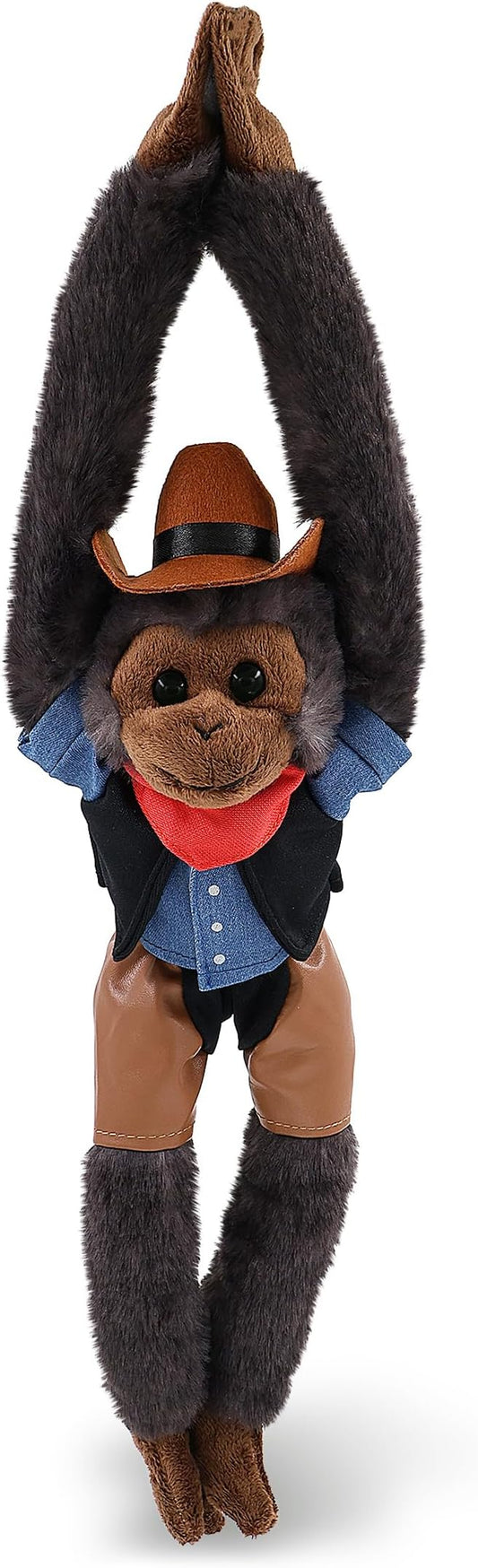 DolliBu Black Capuchin Monkey Stuffed Animal Cowboy Plush with Name Personalization - Western-Themed Monkey Plush with Cute Cowboy Costume Denim Shirt Vest, Bandana, Leather Pants, and Hat - 21 Inches