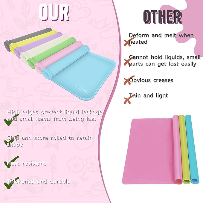 Silicone Art Mat for Crafts, 24" x 16" Painting Mat for Kids with Raised Sides to Stay Tidy, Paint Craft Mats for Clay, Resin, Slime, Jewelry-Making & Crafts Creation (Pink)