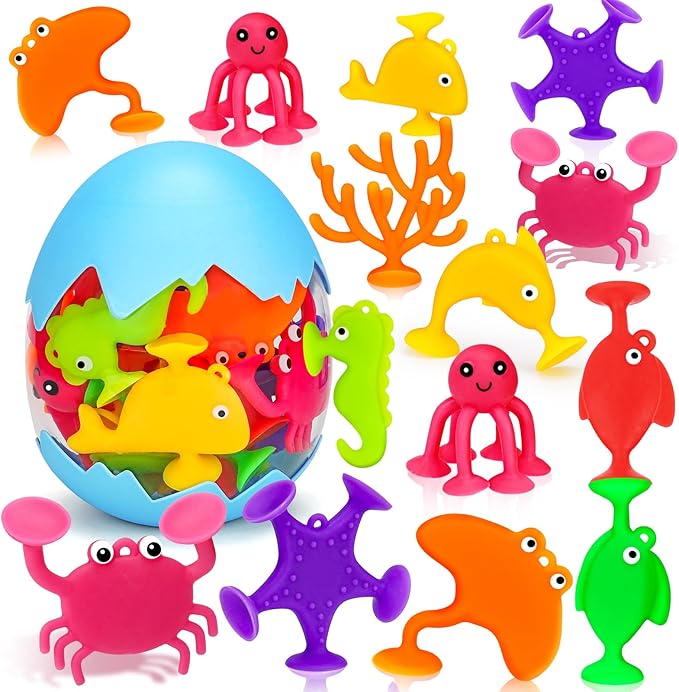 Toddler Suction Cup Bath Toys, Ocean Animal Bath Toys for Kids Ages 1-3 3-5 4-8 Mold Free Bathtub Window Building Travel Toys Valentines Gifts Easter Basket Stuffers for 2 3 4 5 Year Old Boys Girls