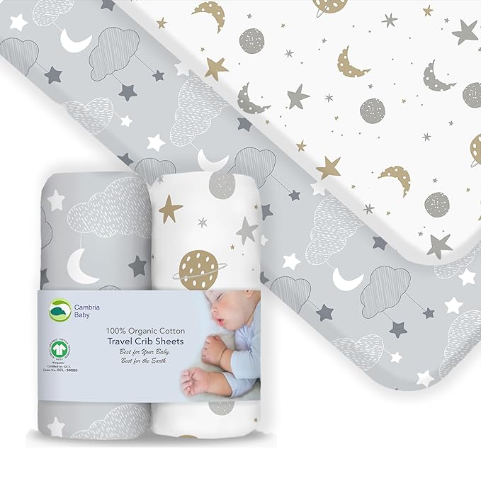 100% Organic Cotton Fitted Travel Crib Sheets, Perfectly Compatible with Guava Lotus, BabyBjorn, Dream On Me and All mattresses 22-26" Wide by 40-44" Long. Strap Holes in Corners. 2 Pk