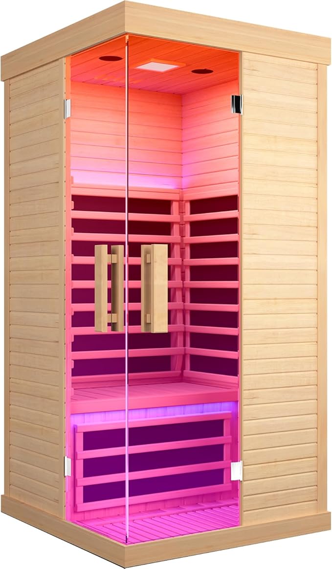 OUTEXER Sauna Room Indoor Far Infrared Saunas Home Canadian Hemlock 1450W Low-EMF Dry Saunas Single Person Spa with 7 Color Therapy 35.4 * 35.4 * 70.9inch