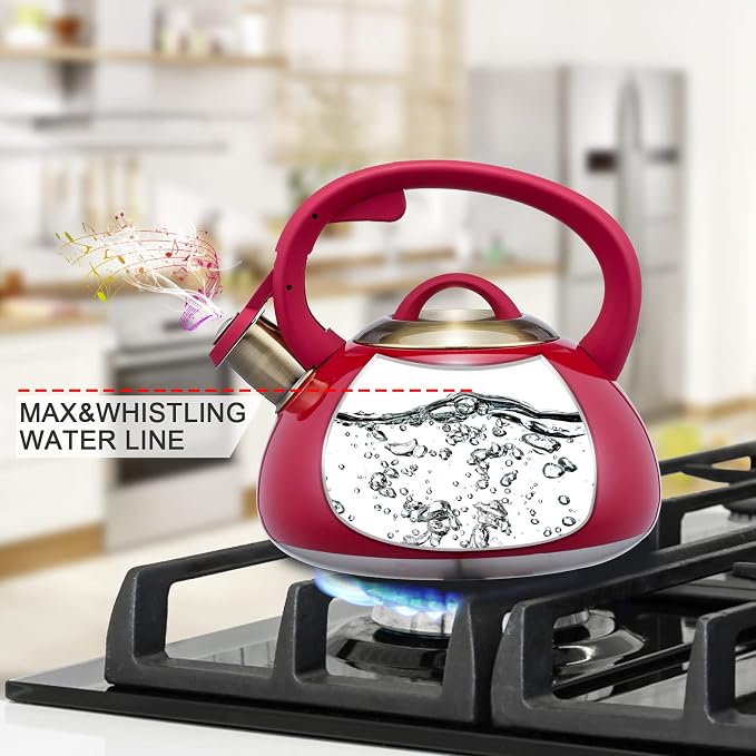 Whistling Tea Kettle Stainless Steel Teapot, Teakettle for Stovetop Induction Stove Top, Fast Boiling Heat Water Tea Pot 2.5 Quart(Red)
