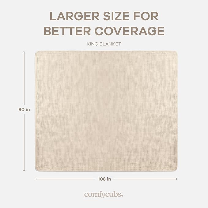 Comfy Cubs Adult Muslin Blanket 108x90” King Swaddle Blankets, Sand | 6 Layer Soft, Breathable & Lightweight Muslin Adult Blanket - Machine Washable & Designed in the US Bedding for All Seasons