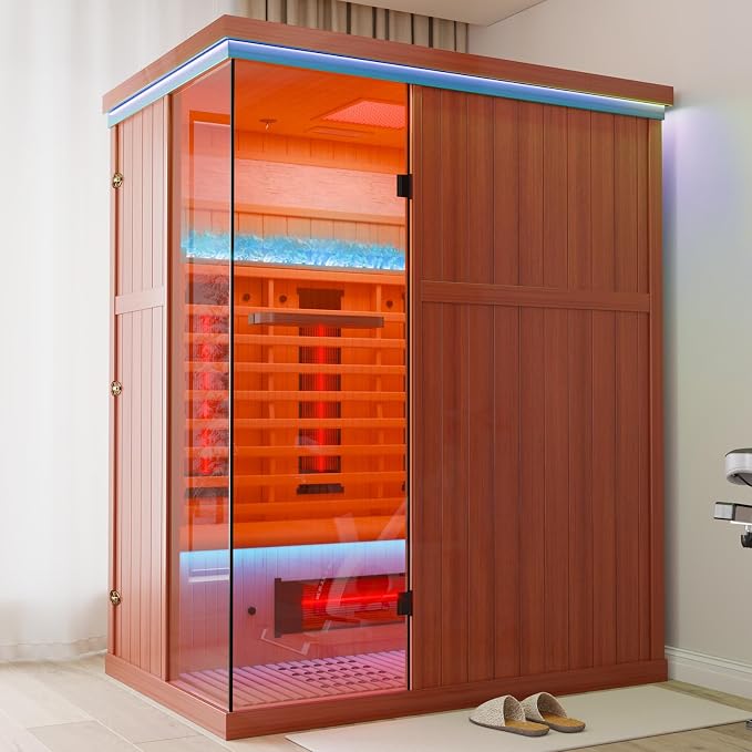 MEISSALIVVE Full Spectrum Sauna for Home, 3 Person Indoor Infrared Sauna with 10 Minutes Warm-up Heat, Red Cedar Home Sauna with Bluetooth and Tempered Glass