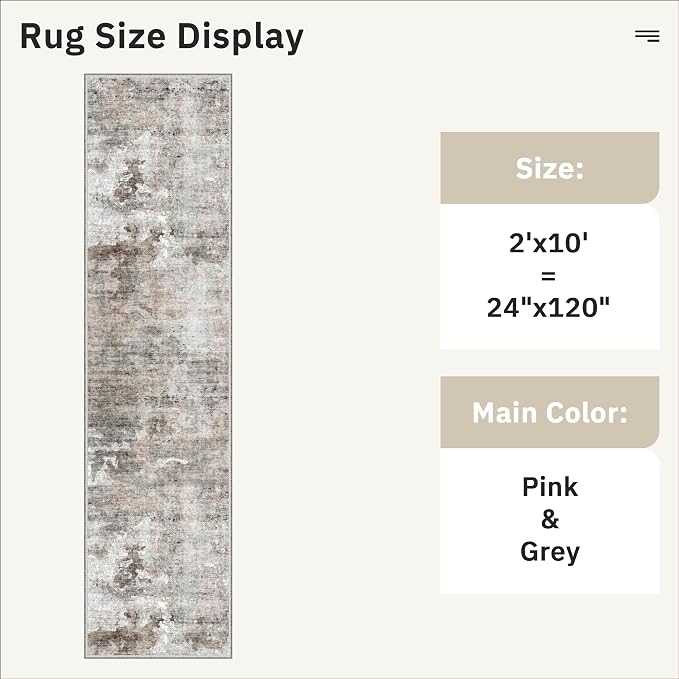 Soalmost Abstract Runner Rug 2x10 Hallway Kitchen Runners Pink/Grey | Vintage Washable Rugs for Bathroom Laundry Room, Low Pile Stain Resistant Floor Carpet Mat Entryway Corridor Bedroom