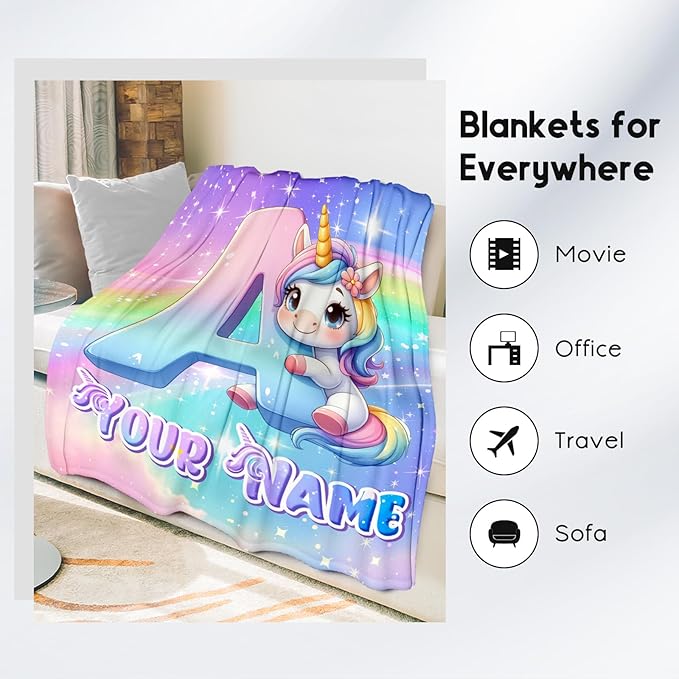 Personalized Blankets for Girls - Unicorn Blanket Gifts for Kids - Custom Throw with Name for Unicorn Lovers - 60"x80" Cute Throws for Bed, Living Room - Monogram Gift